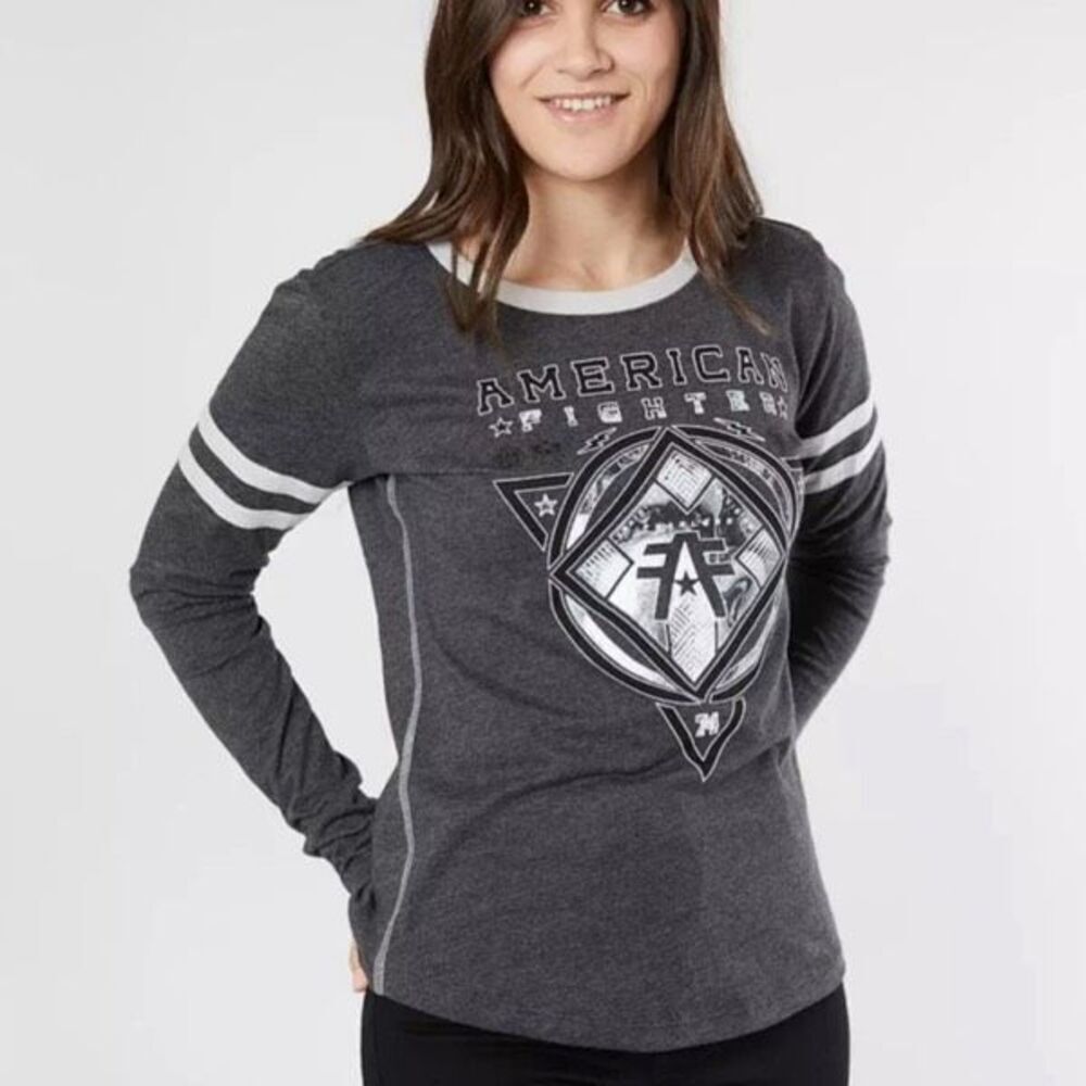 American Fighter Ringer Tee Shirt Gray Long Sleeve Medium
